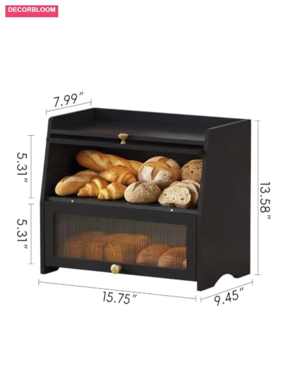 Solid Pine Wood Double Layer Bread Box Flip Top Kitchen Countertop Storage
